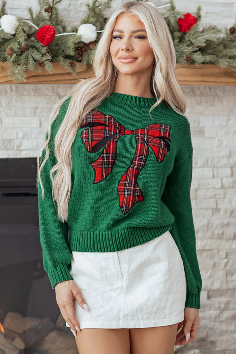HIDDEN GEMS | Christmas Plaid Bow Drop Shoulder Sweater