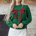  HIDDEN GEMS | Christmas Plaid Bow Drop Shoulder Sweater