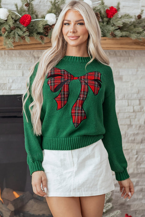 HIDDEN GEMS | Christmas Plaid Bow Drop Shoulder Sweater
