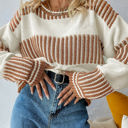 Khaki Small HIDDEN GEMS | Stripe Patchwork Drop Shoulder Sweater
