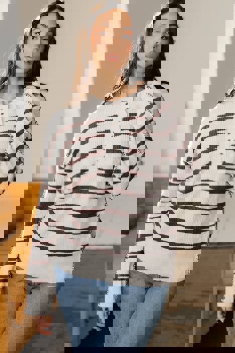 Stripe Ribbed Henley Slouchy Sweater