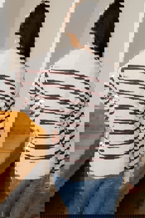 Stripe Ribbed Henley Slouchy Sweater