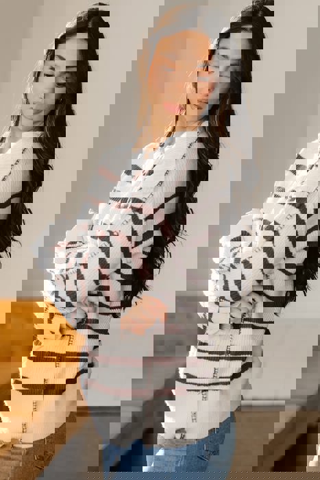 Stripe Ribbed Henley Slouchy Sweater