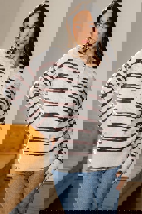 Stripe Ribbed Henley Slouchy Sweater