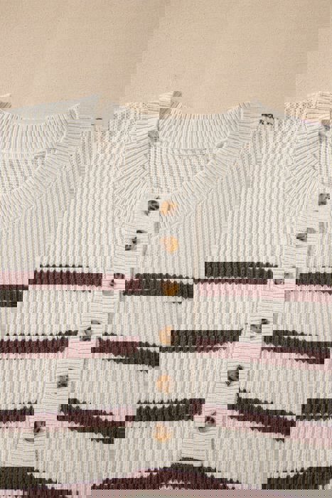 Stripe Ribbed Henley Slouchy Sweater