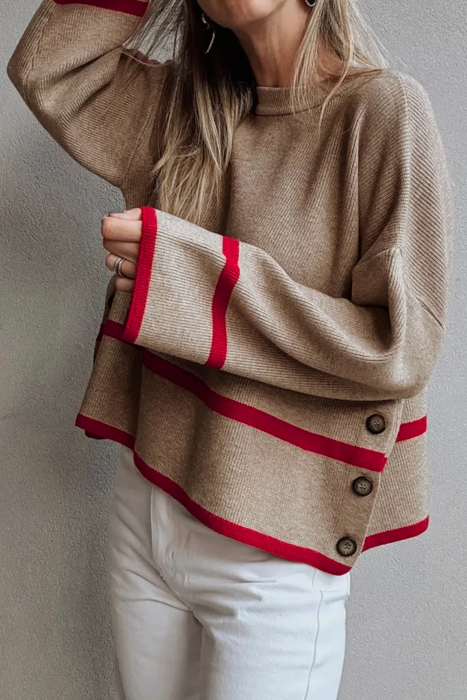 HIDDEN GEMS | Stripe Buttoned Side Ribbed Knit Sweater