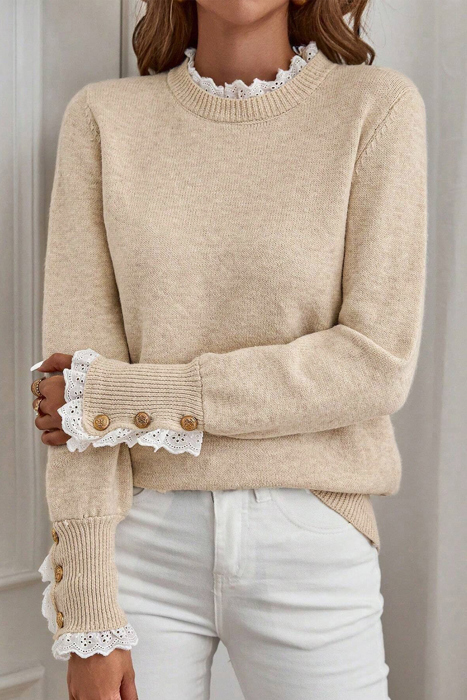 HIDDEN GEMS | Eyelet Lace Trim Buttoned Cuff Sweater