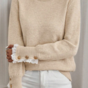  HIDDEN GEMS | Eyelet Lace Trim Buttoned Cuff Sweater