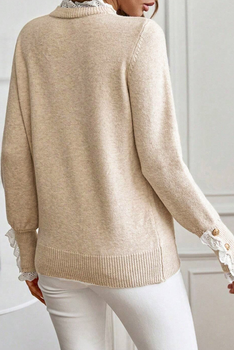 HIDDEN GEMS | Eyelet Lace Trim Buttoned Cuff Sweater