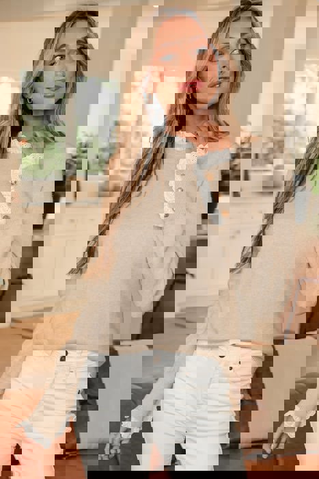 Eyelet Lace Trim Buttoned Cuff Sweater