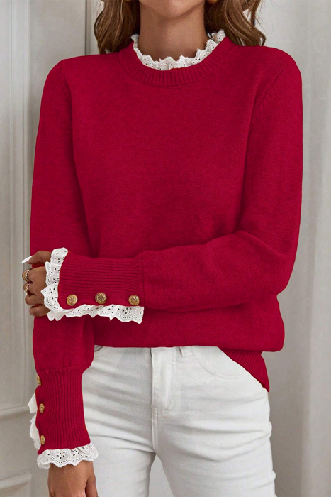 HIDDEN GEMS | Eyelet Lace Trim Buttoned Cuff Sweater