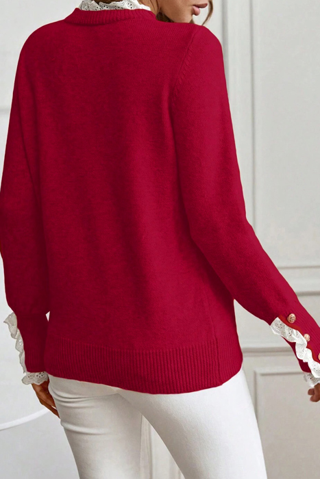 HIDDEN GEMS | Eyelet Lace Trim Buttoned Cuff Sweater
