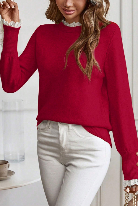 HIDDEN GEMS | Eyelet Lace Trim Buttoned Cuff Sweater