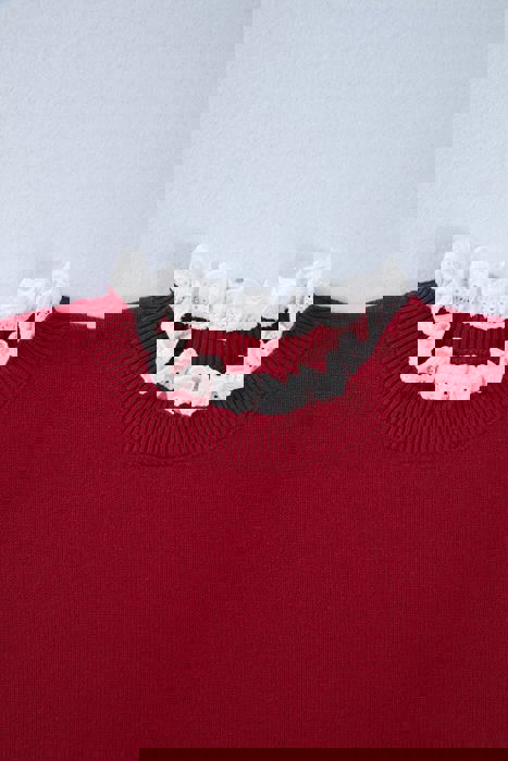 Eyelet Lace Trim Buttoned Cuff Sweater