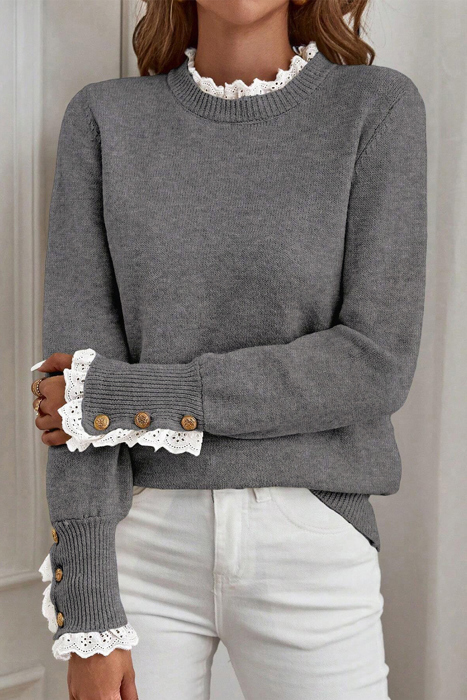 HIDDEN GEMS | Eyelet Lace Trim Buttoned Cuff Sweater