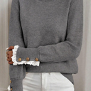 HIDDEN GEMS | Eyelet Lace Trim Buttoned Cuff Sweater