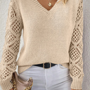 HIDDEN GEMS | Patchwork Pointelle Knit V-Neck Sweater