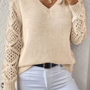  HIDDEN GEMS | Patchwork Pointelle Knit V-Neck Sweater