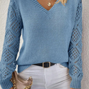  HIDDEN GEMS | Patchwork Pointelle Knit V-Neck Sweater