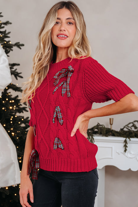 HIDDEN GEMS | Christmas Plaid Lace-Up Puff Sleeve Sweater