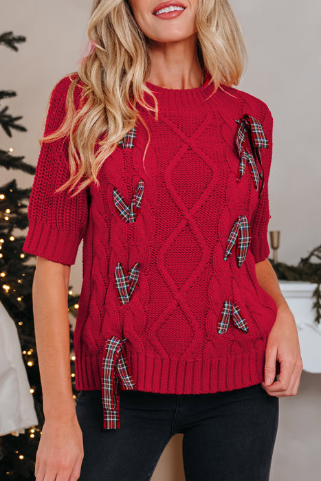HIDDEN GEMS | Christmas Plaid Lace-Up Puff Sleeve Sweater
