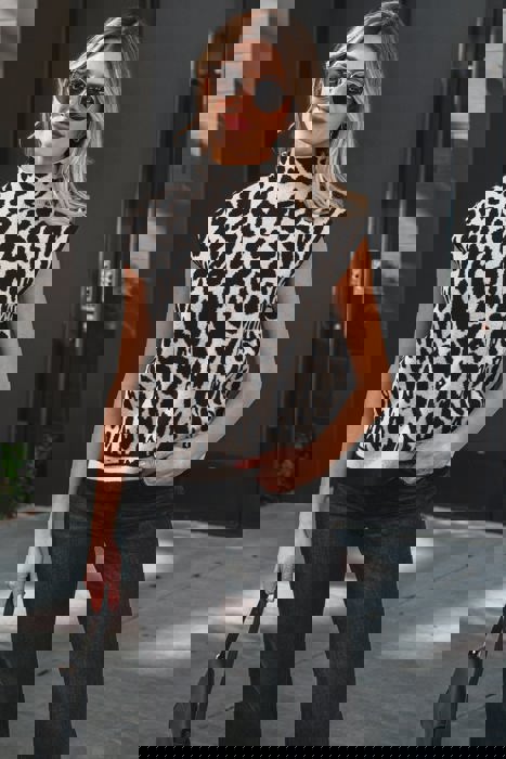 Leopard Mock Neck Short Sleeve Sweater