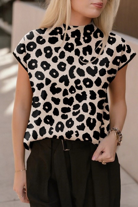 HIDDEN GEMS | Leopard Mock Neck Short Sleeve Sweater