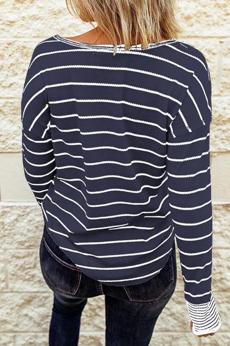 HIDDEN GEMS | Stripe Waffle Knit Buttoned Henley Top