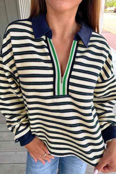 HIDDEN GEMS | Stripe Zipped Collar Long Sleeve Top