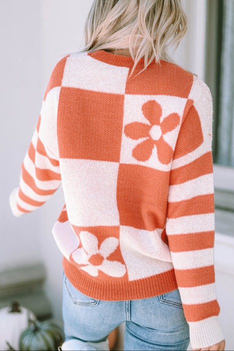 HIDDEN GEMS | Checker Floral Stripe Patchwork Sweater