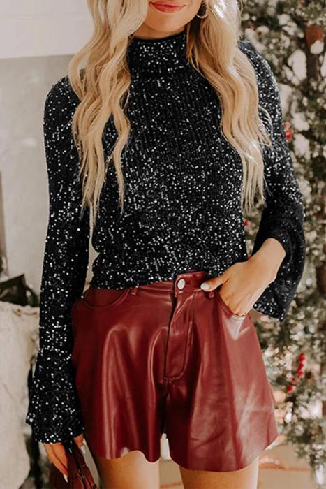 HIDDEN GEMS | Solid Sequin Backless Bell Sleeve Top