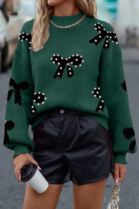 HIDDEN GEMS | Bow Pearl Embellished Drop Shoulder Sweater
