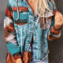  HIDDEN GEMS | Aztec Denim Patchwork Hooded Jacket