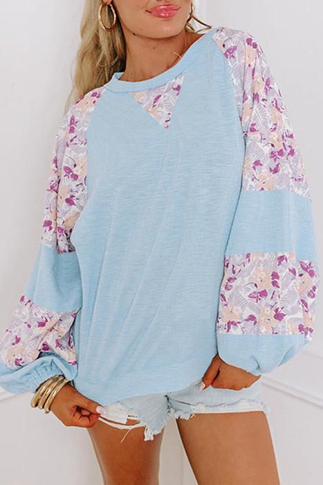 HIDDEN GEMS | Floral Patchwork Balloon Sleeve Ribbed Blouse