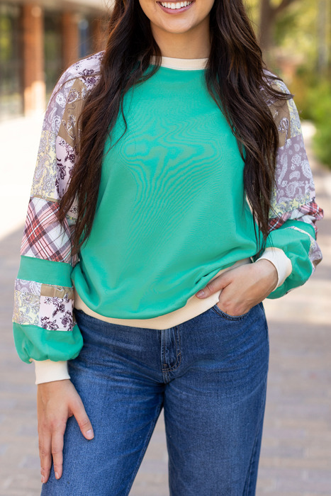 HIDDEN GEMS | Plaid Paisley Patchwork Long Sleeve Top