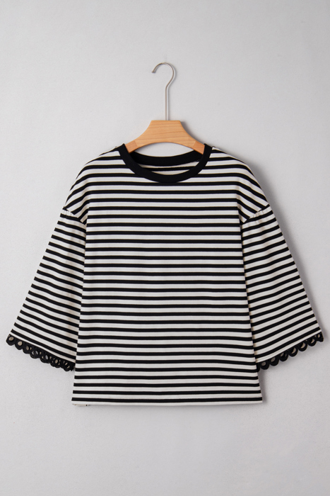 HIDDEN GEMS | Stripe Lace Trim 3/4 Wide Sleeve Top