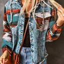  HIDDEN GEMS | Aztec Denim Patchwork Hooded Jacket