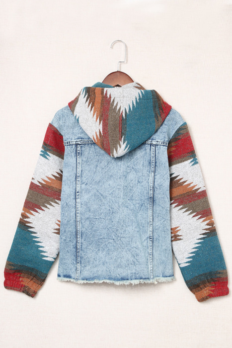 HIDDEN GEMS | Aztec Denim Patchwork Hooded Jacket