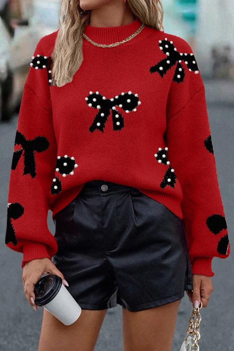 HIDDEN GEMS | Bow Pearl Embellished Drop Shoulder Sweater