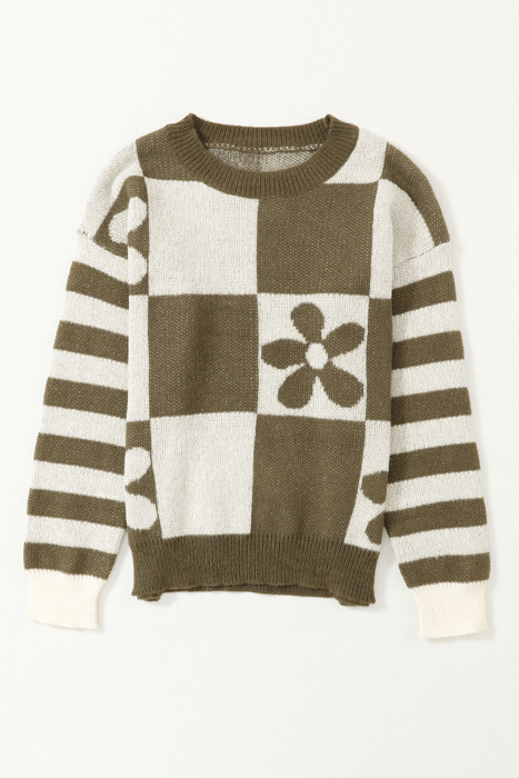 HIDDEN GEMS | Checker Floral Stripe Patchwork Sweater