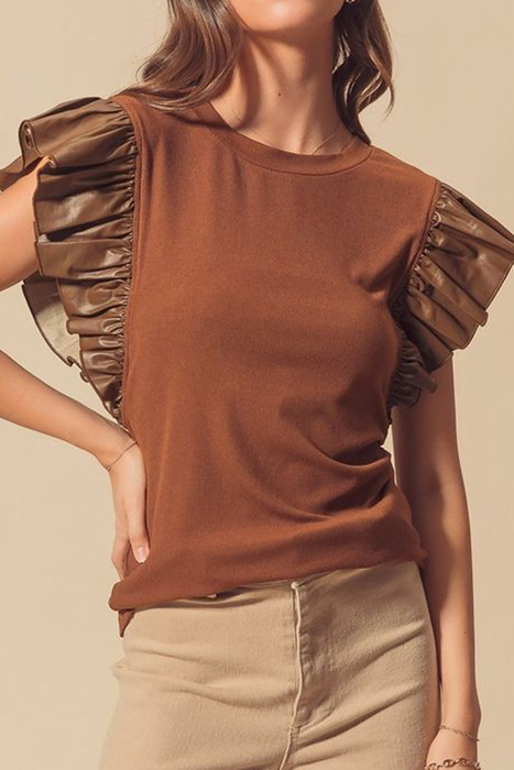 HIDDEN GEMS Ruffle Faux Leather Sleeve Top