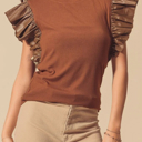  HIDDEN GEMS Ruffle Faux Leather Sleeve Top