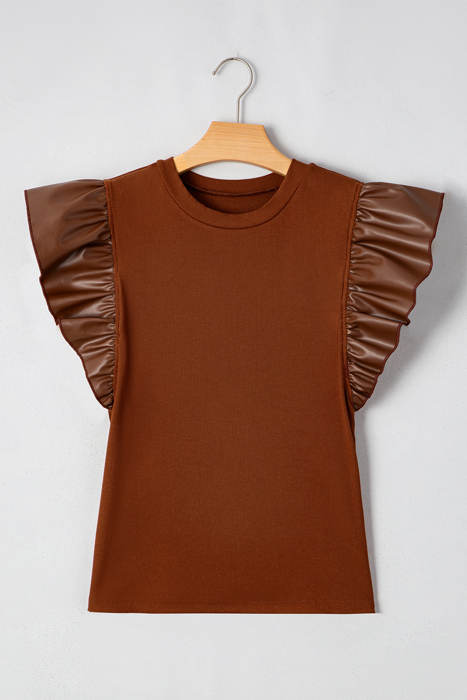 HIDDEN GEMS Ruffle Faux Leather Sleeve Top