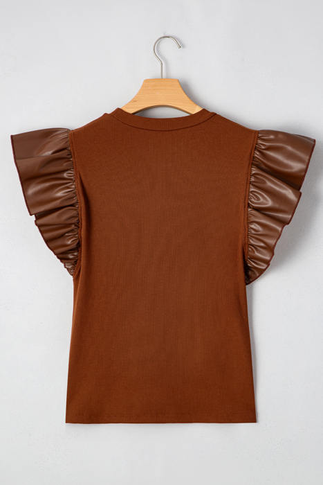 HIDDEN GEMS Ruffle Faux Leather Sleeve Top