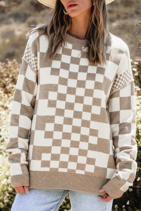 HIDDEN GEMS | Checker Round Neck Drop Shoulder Sweater