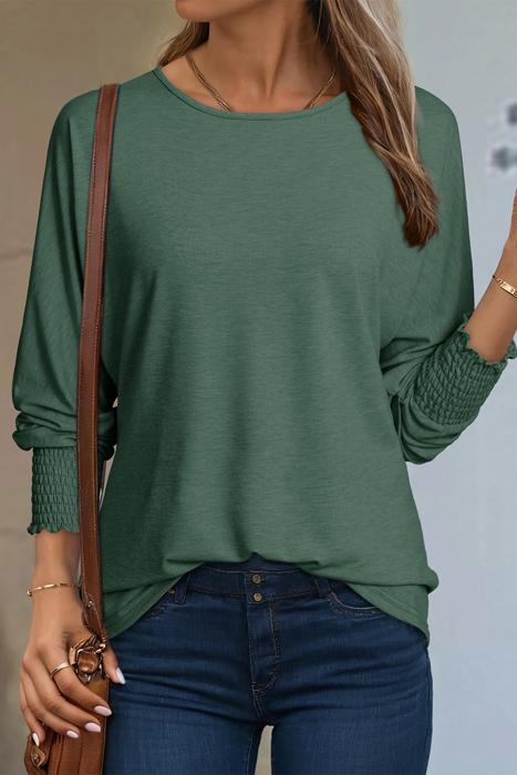 HIDDEN GEMS | Solid Shirred Cuffs Long Sleeve T-Shirt