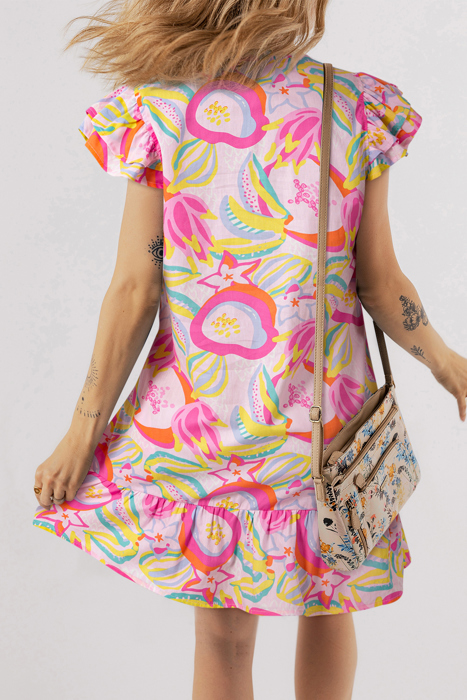 HIDDEN GEMS | Abstract Floral Ruffle Buttoned Dress