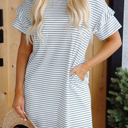 White Stripe Small HIDDEN GEMS Essential Stripe Ruffle Dress