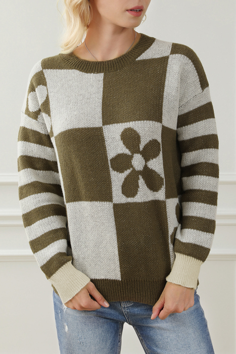 HIDDEN GEMS | Checker Floral Stripe Patchwork Sweater