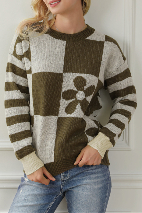 HIDDEN GEMS | Checker Floral Stripe Patchwork Sweater